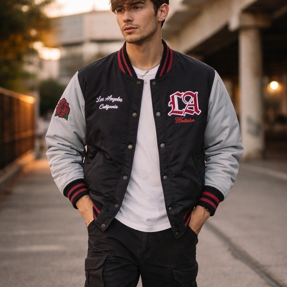 Hollister Mens LA California Varsity Bomber Jacket Black White Sherpa Lined L